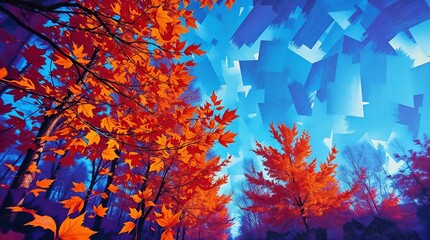 Autumn trees with vibrant orange leaves looking up at the bright blue sky in a park