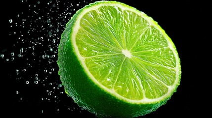   A lime split in half, splashing water on a dark background with minimal bubbles