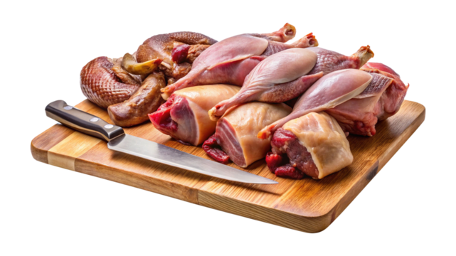 Raw Quail and Chicken Pieces on Wooden Cutting Board with Knife