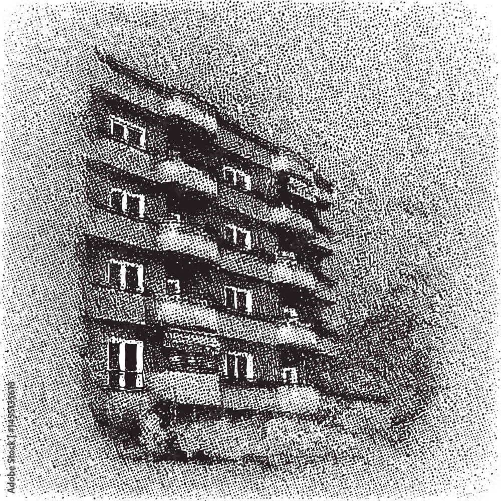 Poster a stark monochrome building emerges from a hazy gray background.