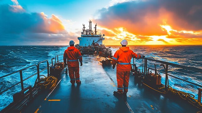 Ocean workers on a ship at sunset