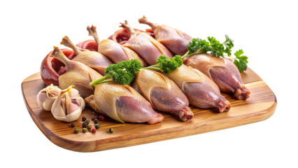 Raw Quail on Wooden Cutting Board with Garlic and Peppercorns