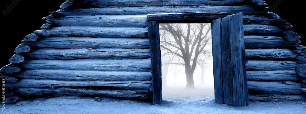 Poster mysterious forest fog entering old cabin