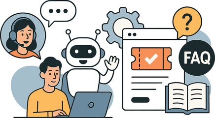Vector illustration of customer support, chatbot assistance, ticket system, and FAQ management. Use for client portals, software tutorials, and help center visuals