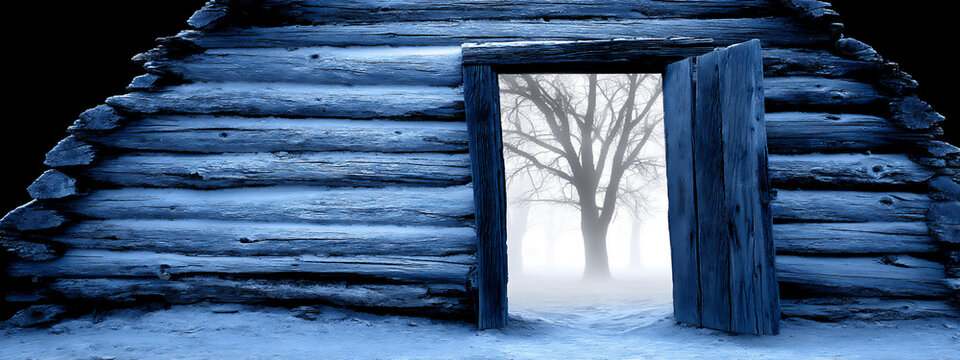 mysterious forest fog entering old cabin - Powered by Adobe
