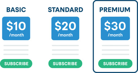 Subscription model. Vector illustration of pricing tiers, monthly plans, and SaaS packages, for product websites, payment pages, and launch decks