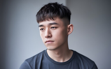 Obraz premium Close-up of a thoughtful young Asian man, light skin tone, with a short, textured haircut, looking slightly downward. Neutral expression. Studio shot.
