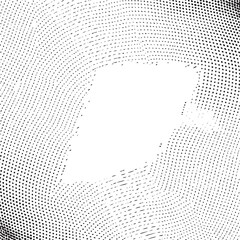 A central white circle dominates a field of densely packed black dots creating a dynamic visual effect.
