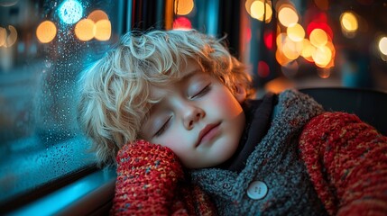 Sleepy child resting by window