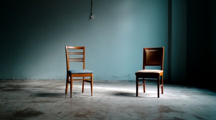 Two wooden chairs facing each other in an empty room with soft lighting