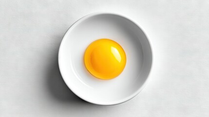   Yellow egg in a white bowl on white table top, with shadow in bowl
