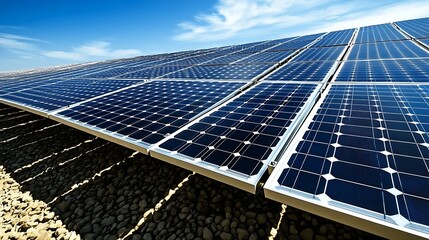 Solar panels arranged in rows against a clear sky.