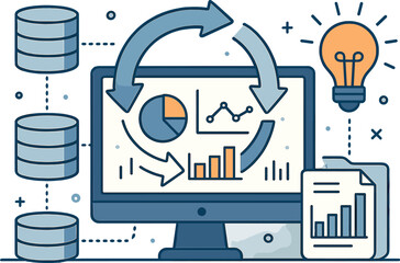 Data integration and business intelligence. Vector illustration of system syncing and centralized insights. Perfect for analytics firms and IT services.