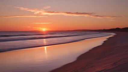 Obraz premium Golden hour at the beach with glowing sand reflecting the warm sunset light. Tranquil waves create peaceful scene at dusk.