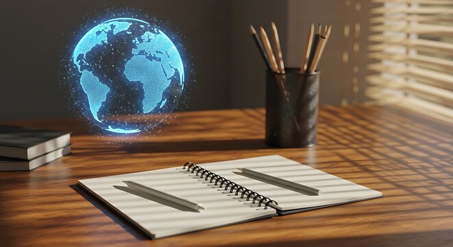 
This image shows a futuristic desk setup with a glowing holographic globe, perfect for "AI technology" and "global innovation."