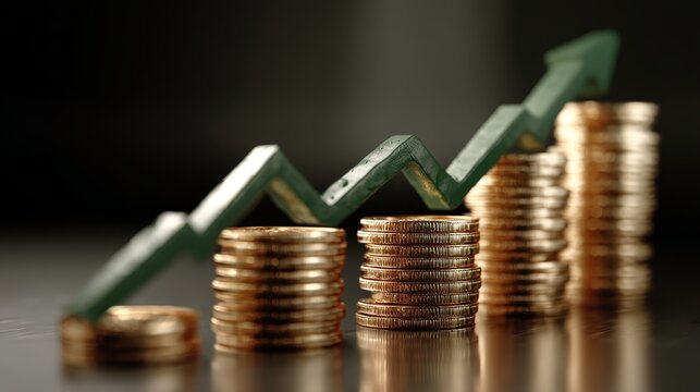 Increasing financial growth: stacked coins and upward graph