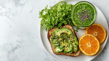 Healthy breakfast with avocado toast, smoothie, and fruit