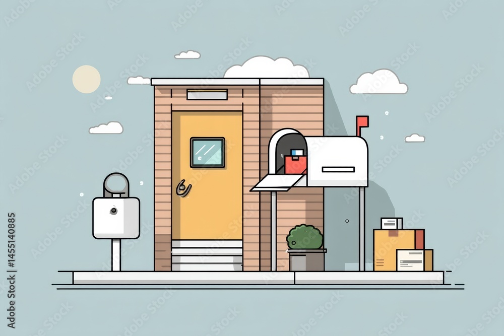 Aufkleber minimal flat composition of a mailbox with a product arriving at a modern delivery location in dayli