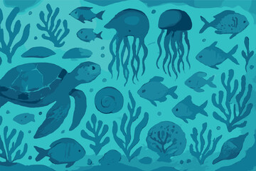 Naklejka premium Deep ocean watercolor pattern. Vector composition for marine beauty products, eco packaging, and self-care editorial banners