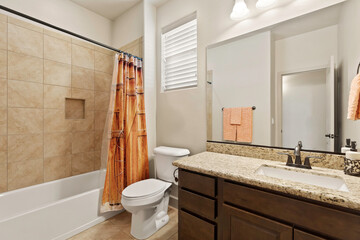 A bathroom that includes a toilet, sink, and a shower area for convenience
