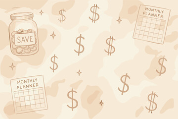 Elegant vector background with hand-drawn finance elements including savings jars, dollar signs, monthly planners, and soft watercolor effects for wellness and lifestyle content