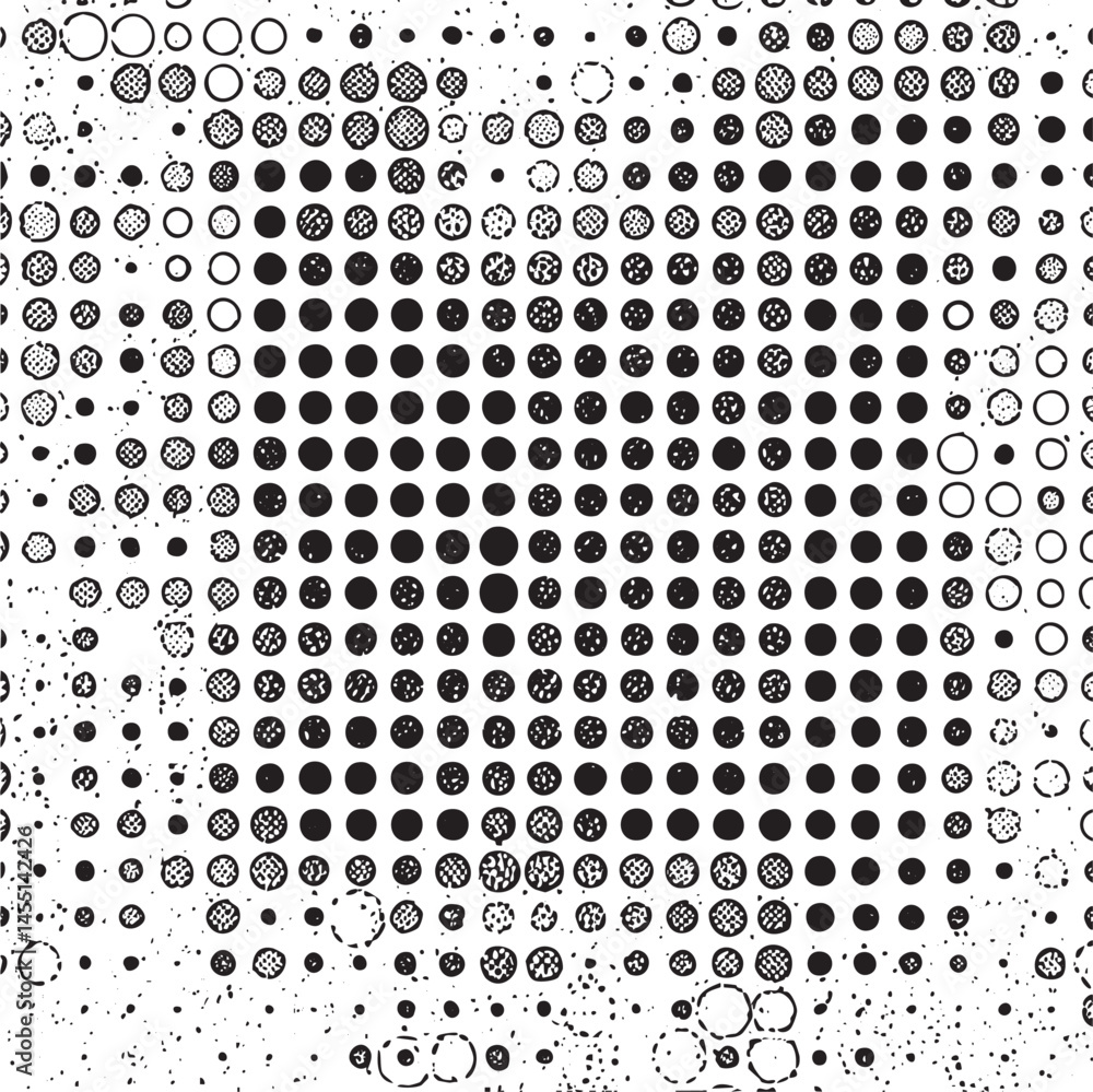 Poster a dense of varying sized black and white circles forms a blurred abstract .