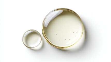Transparent oil bubbles on white surface with soft shadows