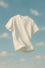 White t-shirt floating against blue sky in summer breeze