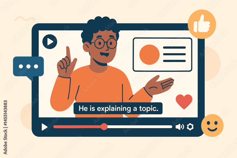 Poster video tutorial scene. vector illustration of a person explaining a topic through a video interface, 