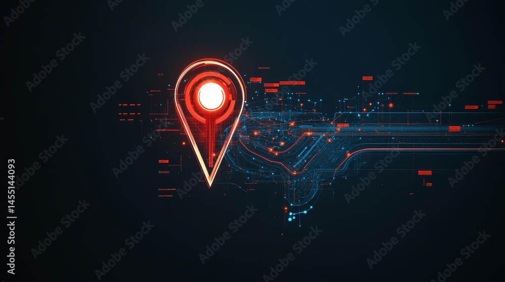 Poster futuristic digital location icon with network connections on dark background