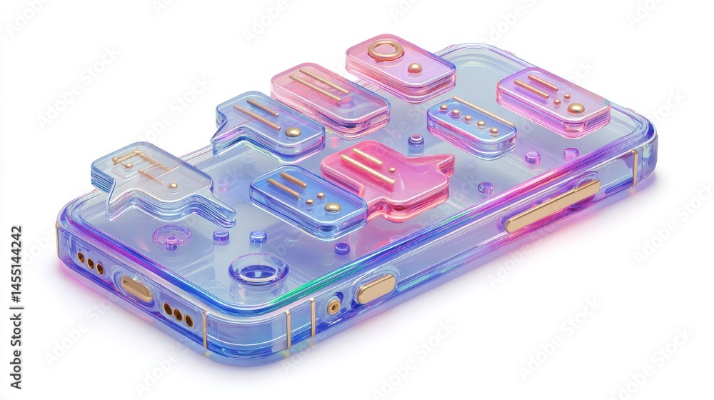 Poster futuristic transparent device with colorful buttons and switches for technology and innovation