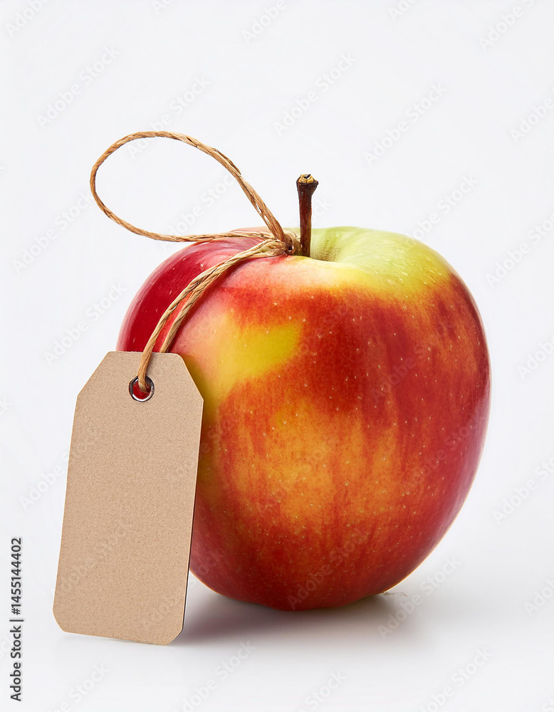 Poster red apple with blank paper tag tied with twine on white background. copy space.
