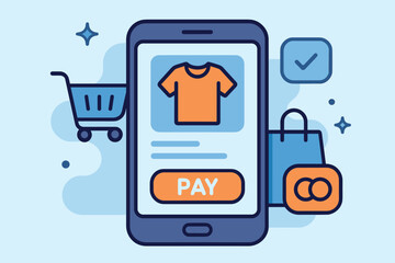Vector illustration of smartphone with in-app purchase interface, shopping cart, payment button, and product preview
