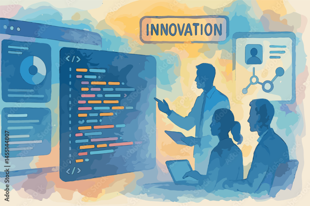 Poster creative watercolor vector art for tech innovation pitch, showing futuristic ui screens, coding inte