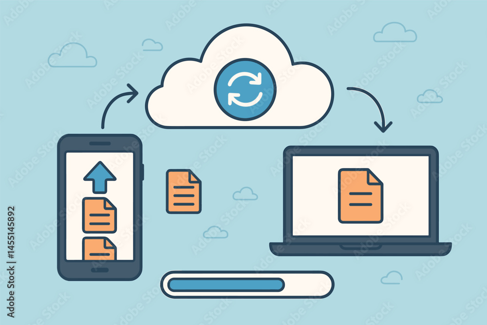 Poster vector illustration of cloud syncing across devices, showing smartphone uploading files, cloud stora