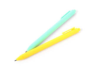 Stylish pens isolated on white, above view