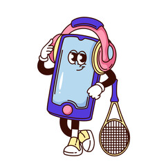Groovy smartphone cartoon character listening to music on headphones. Funny retro personage standing with tennis racket. Sport mascot, cartoon smartphone sticker of 70s 80s style vector illustration