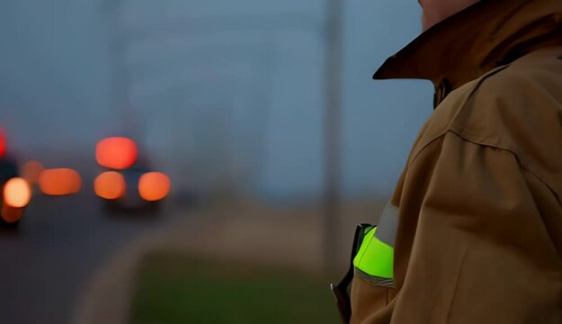 Rear view close up of firefighter in turnout gear with air tank observing hazy scene with bokeh lights