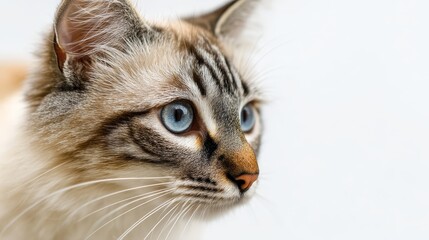 Close-up of cat with blue eyes and striped fur in profile view
