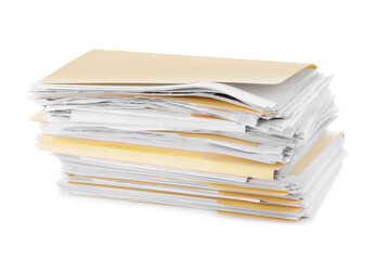 Stack of file folders with papers isolated on white