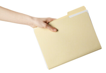 Woman holding paper file folder on white background, closeup