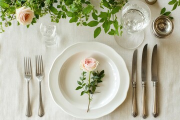 Elegant table setting with single rose.  Fresh greenery and tableware arranged on a light tablecloth