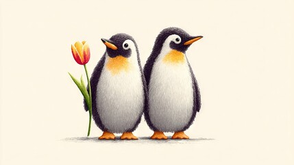 Fototapeta premium Two penguins standing together with tulips in the foreground and background
