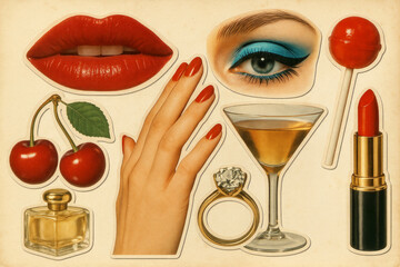 Retro cut-out fashion sticker with red lipstick, eye, cherries, hand and perfume on aged paper. Vintage glamour, beauty accessories. 70s paper print aesthetic