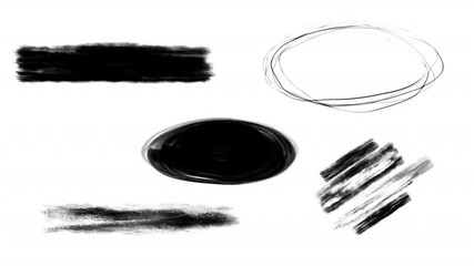 Set of 5 black grunge paint brush strokes. Hand drawn sketch scribble geometry animated lower thirds on a transparent alpha channel. Place for text.
 - Powered by Adobe