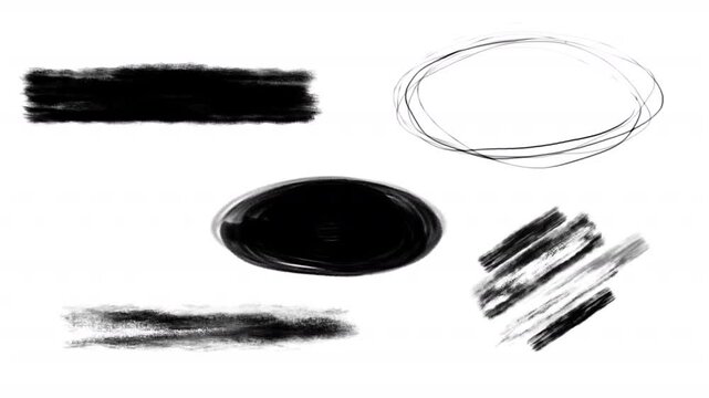 Set of 5 black grunge paint brush strokes. Hand drawn sketch scribble geometry animated lower thirds on a transparent alpha channel. Place for text.
