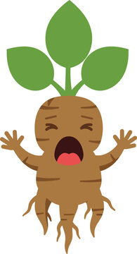 Mandrake root character with green leaves screaming in cartoon style vector illustration 