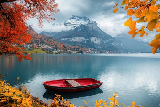 Autumnal lake scene with a red rowboat, nestled amidst colorful foliage framing a misty mountain range. Calm water reflects the vibrant fall colors - Powered by Adobe
