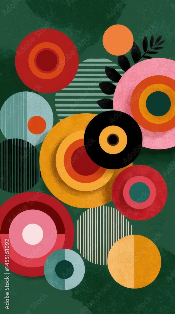 Aufkleber abstract circles background with concentric shapes in retro colors and striped textures on a dark gr