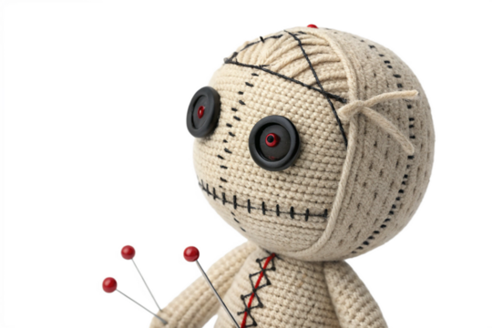 Close-Up of a Handmade Voodoo Doll with Button Eyes and Pins, isolated on transparent background - generated by ai